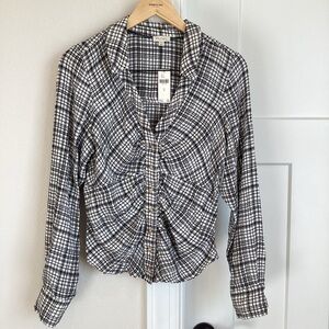 Pilcro Keaton Ruched Collar Long-Sleeve V-Neck Plaid Blouse
